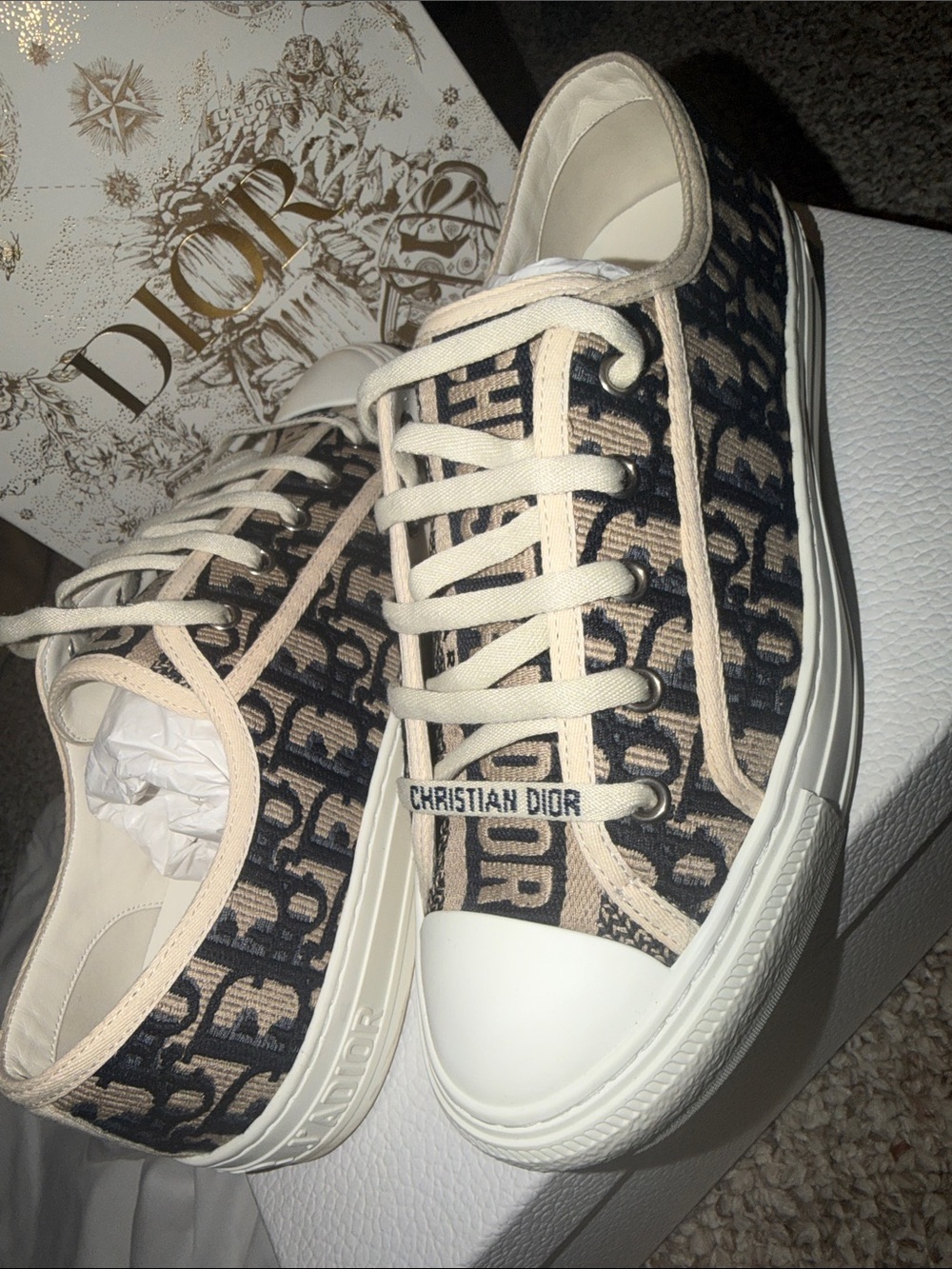 Dior Beige and Navy Blue Canvas Low-Top Sneakers